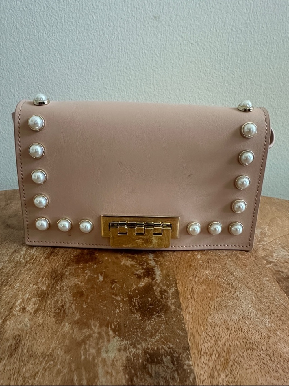 Zac Posen Blush Pink Pearl-Stud Leather Crossbody